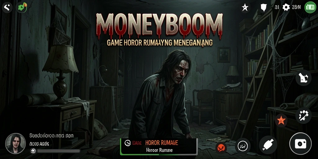 Antarmuka utama MONEYBOOM yang menyeramkan dan menegangkan.