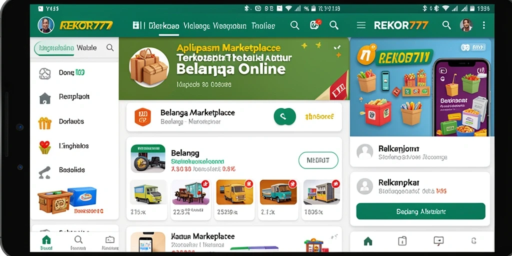 Screenshot antarmuka aplikasi REKOR777 menampilkan fitur Marketplace yang menarik.