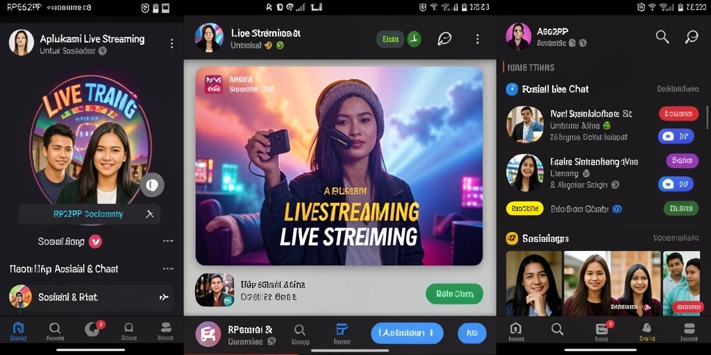 Tampilan antarmuka aplikasi Live Streaming RP62RP yang menarik dan interaktif.