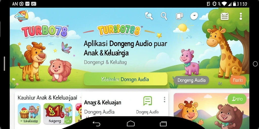 Tampilan antarmuka aplikasi TURBO78 yang ramah anak dengan koleksi dongeng audio.